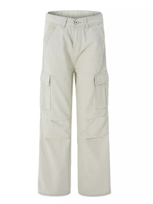 Off-white 100 cotton wide-leg cargo pants with multiple pockets and belt loops.