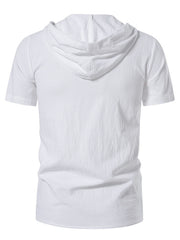 Men's white short sleeve hooded top with textured cotton fabric