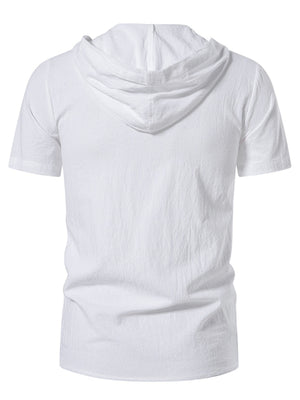 Men's white short sleeve hooded top with textured cotton fabric