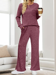 Ribbed knit lounge set in Deep Purple with crew neck top and wide leg pants.