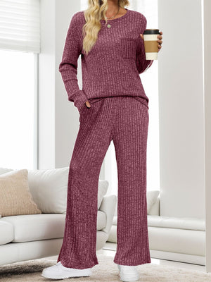 Ribbed knit lounge set in Deep Purple with crew neck top and wide leg pants.