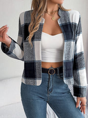 Collarless plaid cropped jacket in dark blue and white, with a relaxed fit and open front.