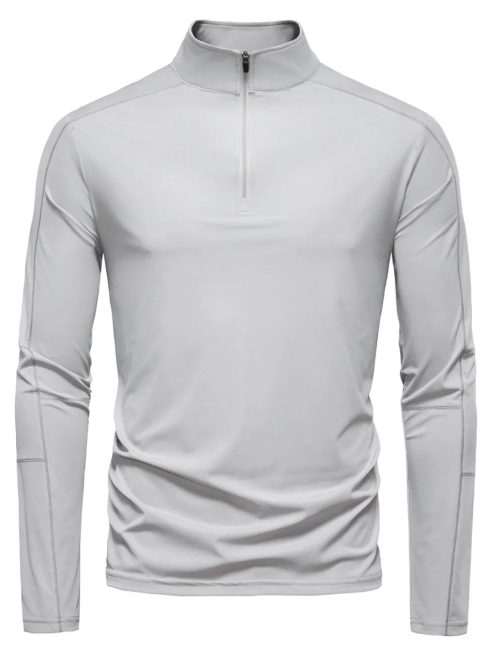 Gray performance zip-neck tee with structured shoulders and long sleeves.