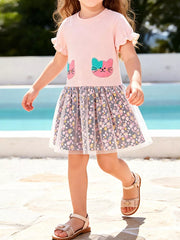 Pink toddler dress with cat embroidery and floral tulle skirt