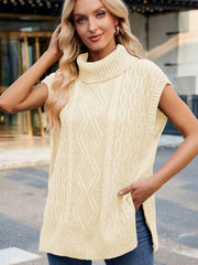 Cream cable knit turtleneck vest with side slits and pockets.