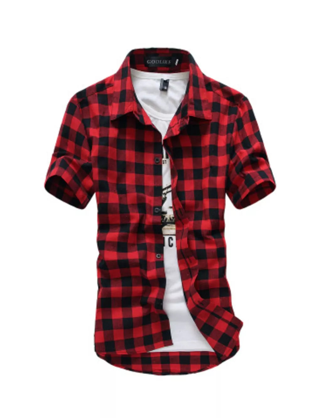 Red and black buffalo check short sleeve button-down shirt over a white graphic tee.