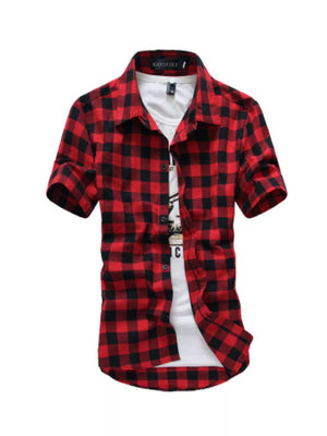 Red and black buffalo check short sleeve button-down shirt over a white graphic tee.