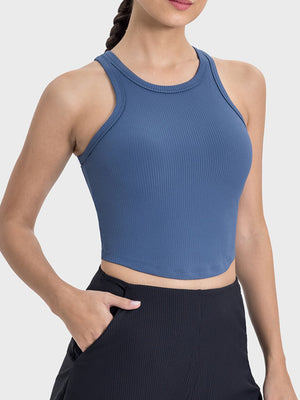 Dusty Blue ribbed racerback active tank top with round neckline