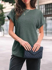 Ribbed knit t-shirt in Army Green with short sleeves and a crew neck, styled with a clutch.