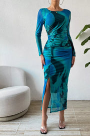 Ruched Tie-dye Midi Dress With High Slit in Dusty Blue, front view