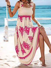 Smocked square neck maxi dress in cream with pink floral print, a-line cut.