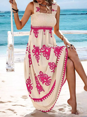 Smocked square neck maxi dress in cream with pink floral print, a-line cut.