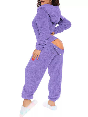 Purple fleece hooded romper with open back and button detail.