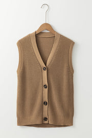 Camel ribbed button-down cardigan vest with V-neck and dark buttons.