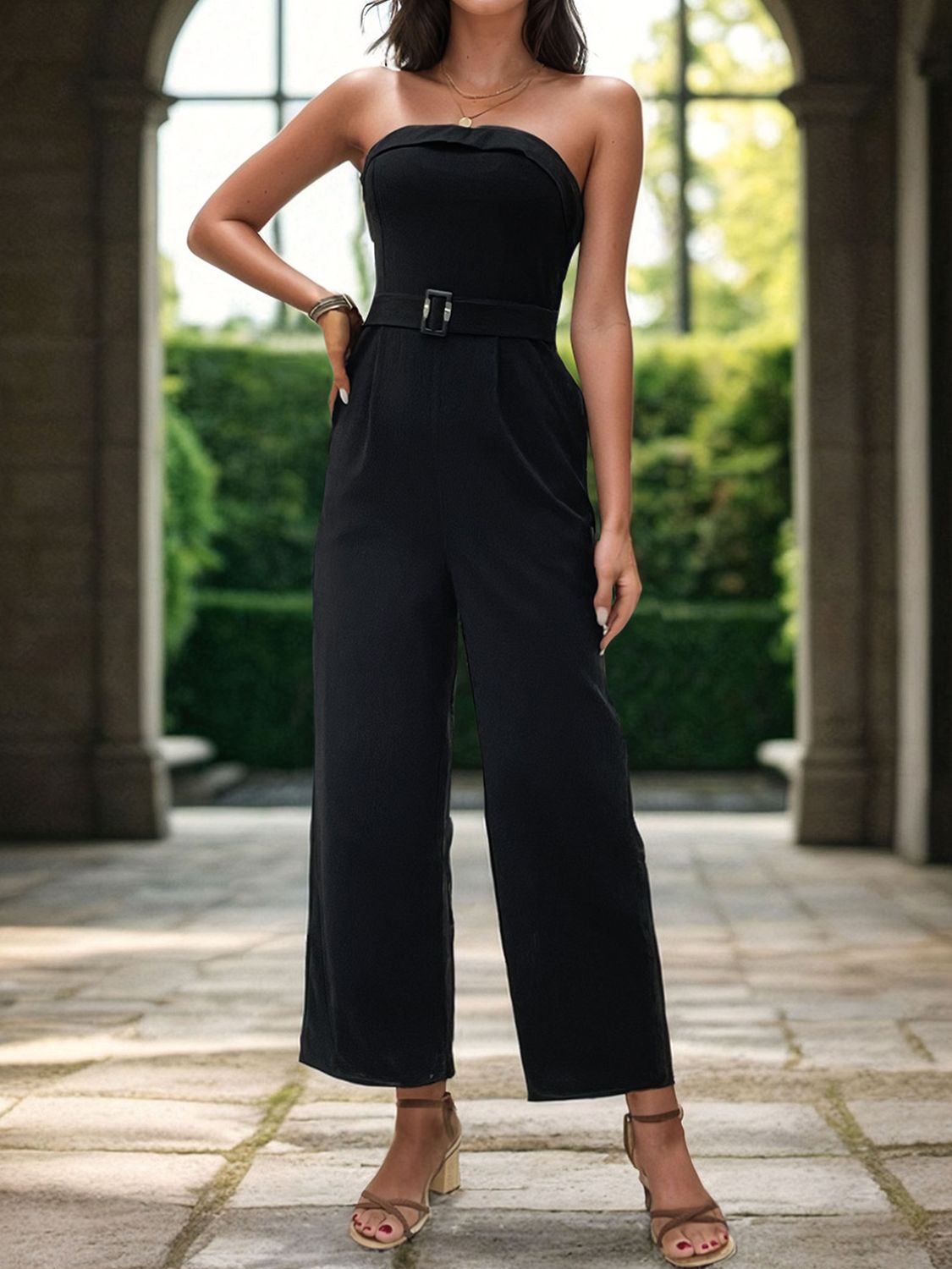 Black bandeau jumpsuit with buckle belt and wide legs