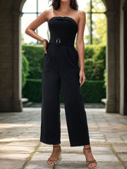 Black bandeau jumpsuit with buckle belt and wide legs