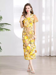 Embroidered Floral Puff Sleeve Midi Dress
