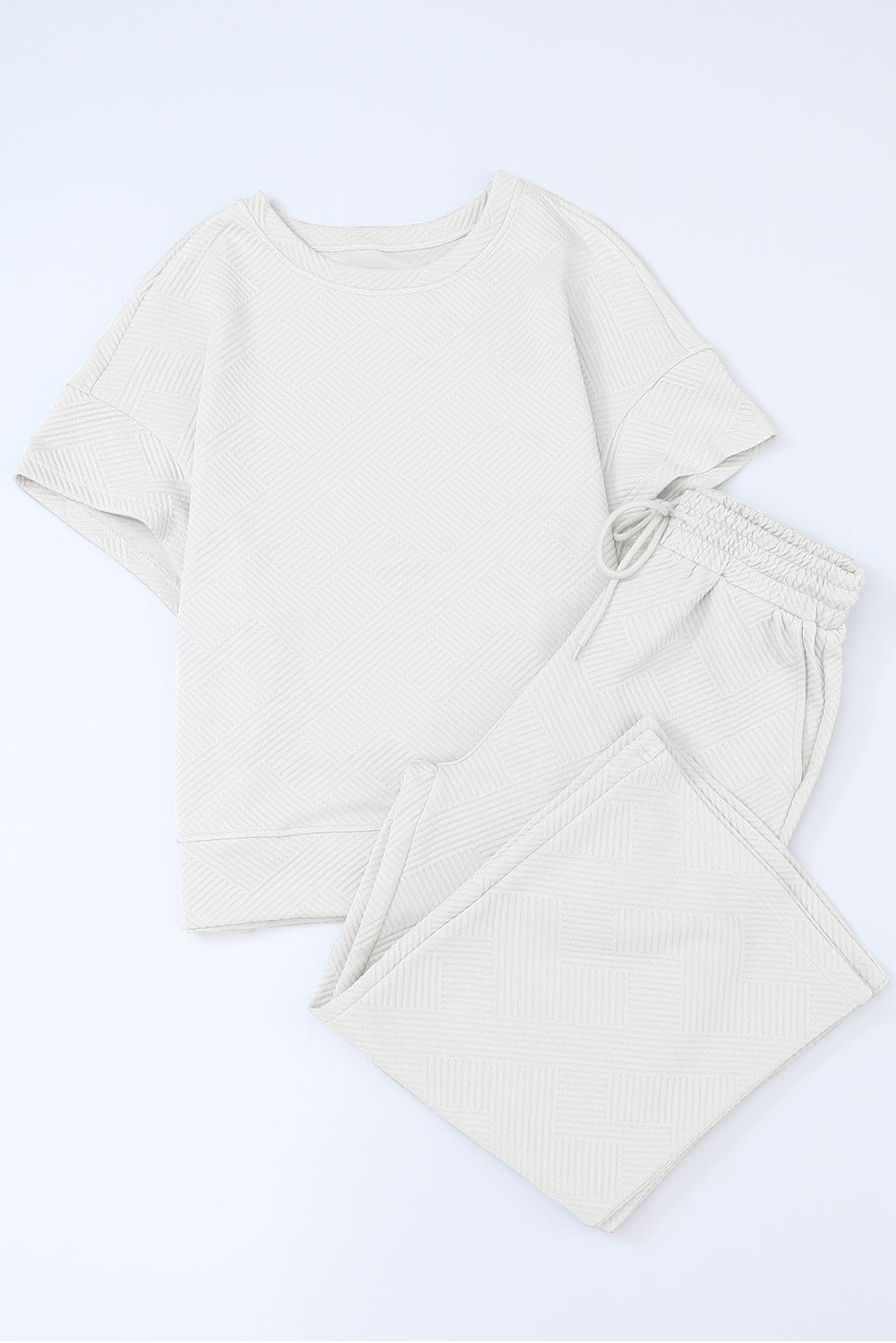 Beige textured knit tee and wide leg pants set with drawstring waist