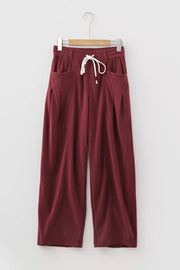 Elastic Waist Drawstring Corduroy Casual Pants in Burgundy, fabric detail