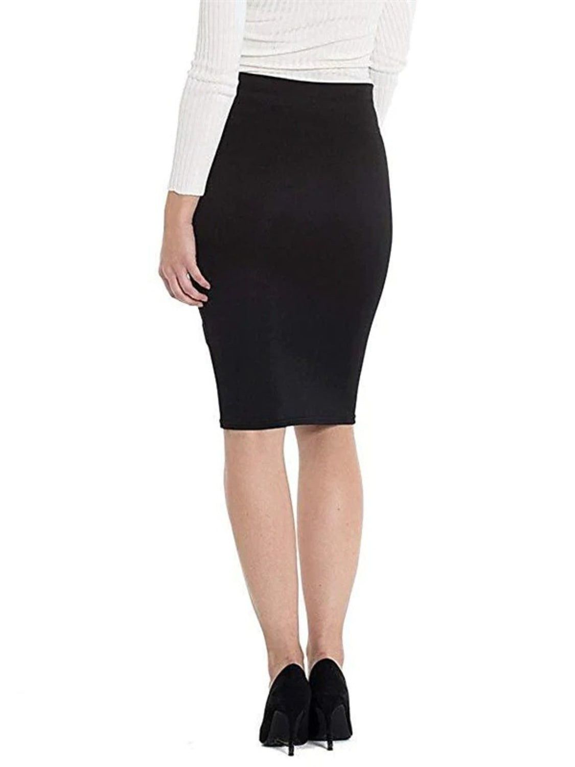 Black pencil skirt with a high waist and knee-length hem, styled with a white top and black heels.