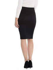 Black pencil skirt with a high waist and knee-length hem, styled with a white top and black heels.