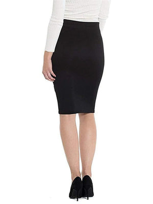 Black pencil skirt with a high waist and knee-length hem, styled with a white top and black heels.