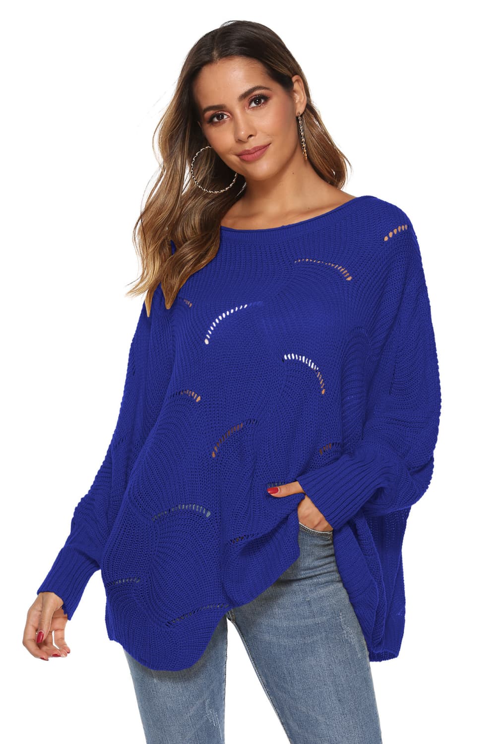 Royal blue acrylic knit sweater with openwork detail and boat neck.