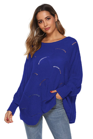 Royal blue acrylic knit sweater with openwork detail and boat neck.