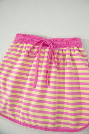 Cotton striped casual set with drawstring waist and pink trim.