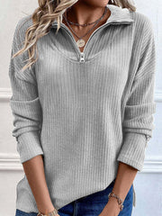Light Gray ribbed knit quarter-zip pullover sweater with a relaxed fit and collared neckline.