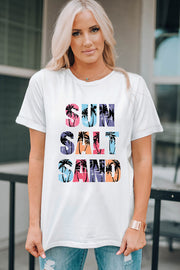 White t-shirt with sun salt sand palm tree graphic print