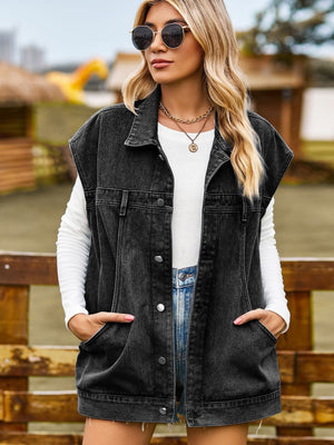 Oversized black denim sleeveless jacket with button front and collar