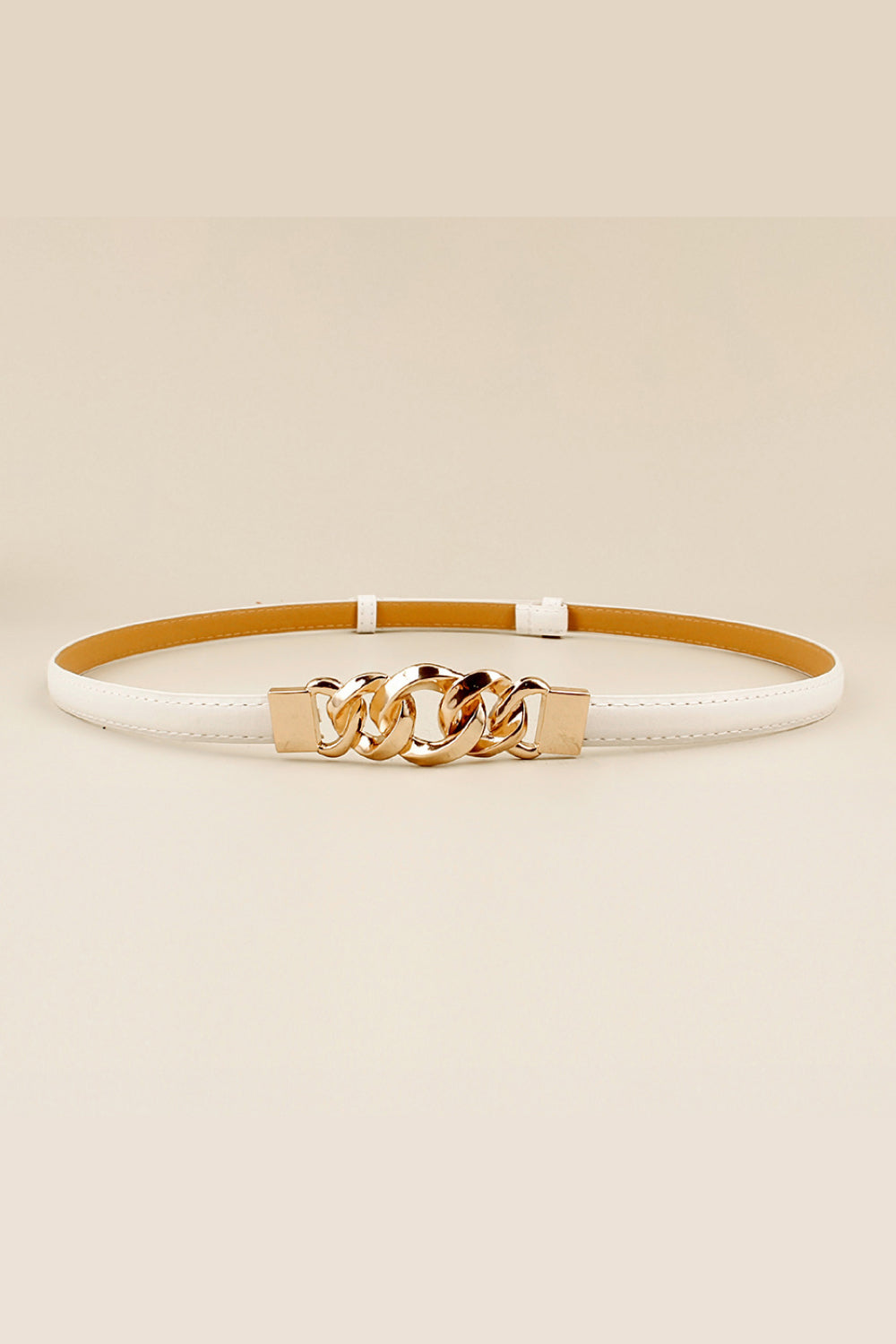 White leather belt with gold chain link buckle