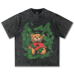 Men's dark gray graphic t-shirt with teddy bear and money print