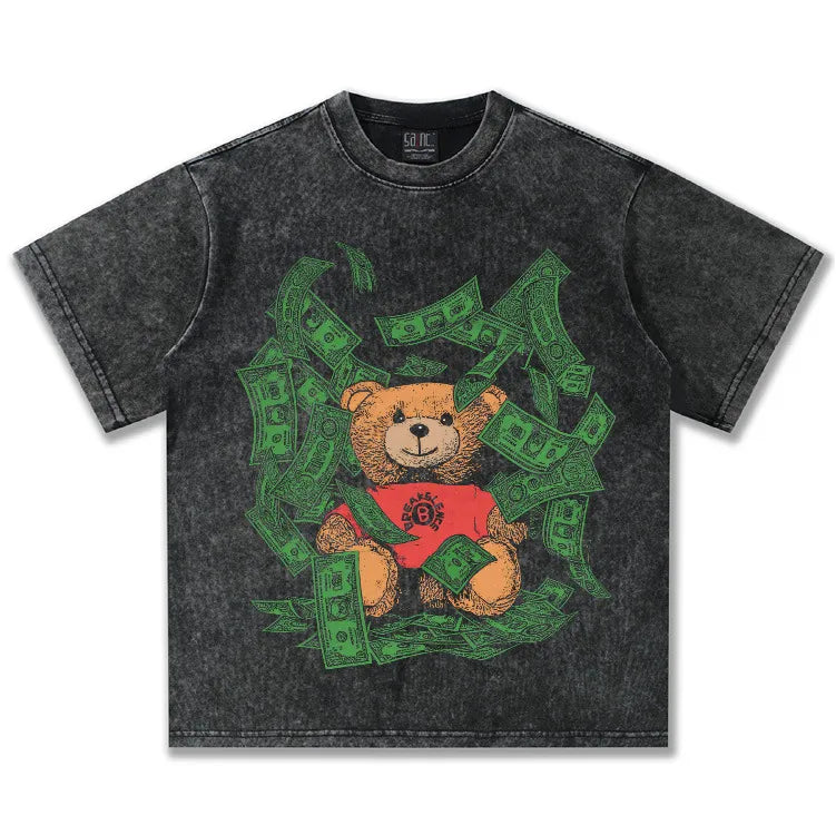 Men's dark gray graphic t-shirt with teddy bear and money print