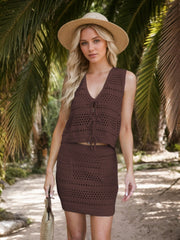 Crochet tie-front tank and mini skirt set in dark brown with open knit detail.