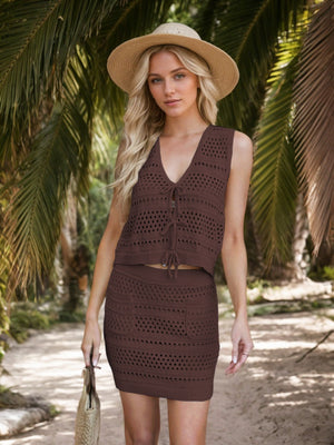 Crochet tie-front tank and mini skirt set in dark brown with open knit detail.