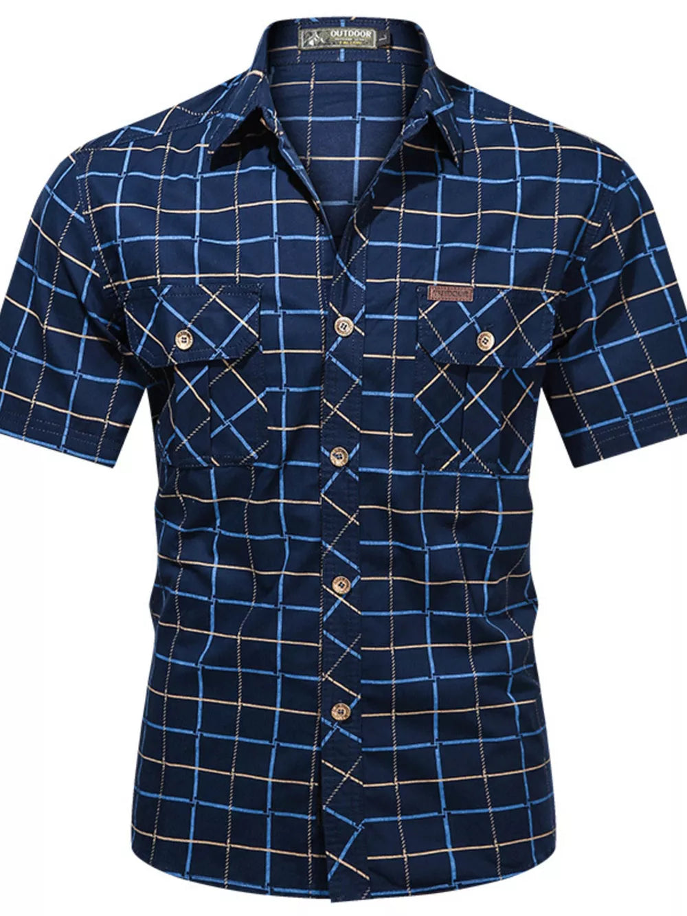 Men's Plus Size Casual Plaid Short-sleeve Shirt in Army Green, close-up detail