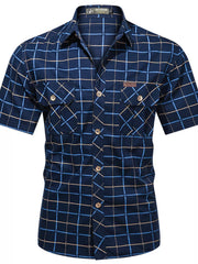 Men's Plus Size Casual Plaid Short-sleeve Shirt in Army Green, close-up detail