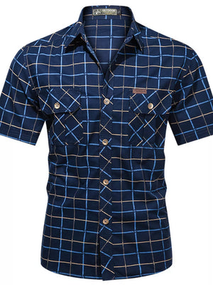 Men's Plus Size Casual Plaid Short-sleeve Shirt in Army Green, close-up detail