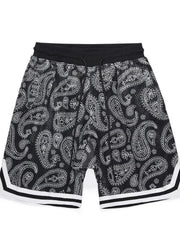 Black paisley mesh basketball shorts with white stripe trim