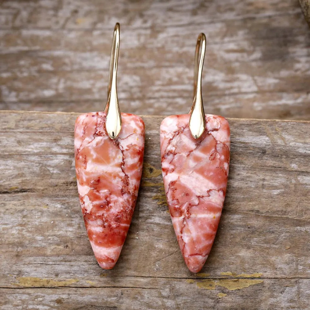 Glitter Vein Stone Drop Earrings in Gold/Burnt Coral with marbled pink and white stone.