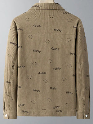Light khaki corduroy jacket with all-over smiley face and happy text print.