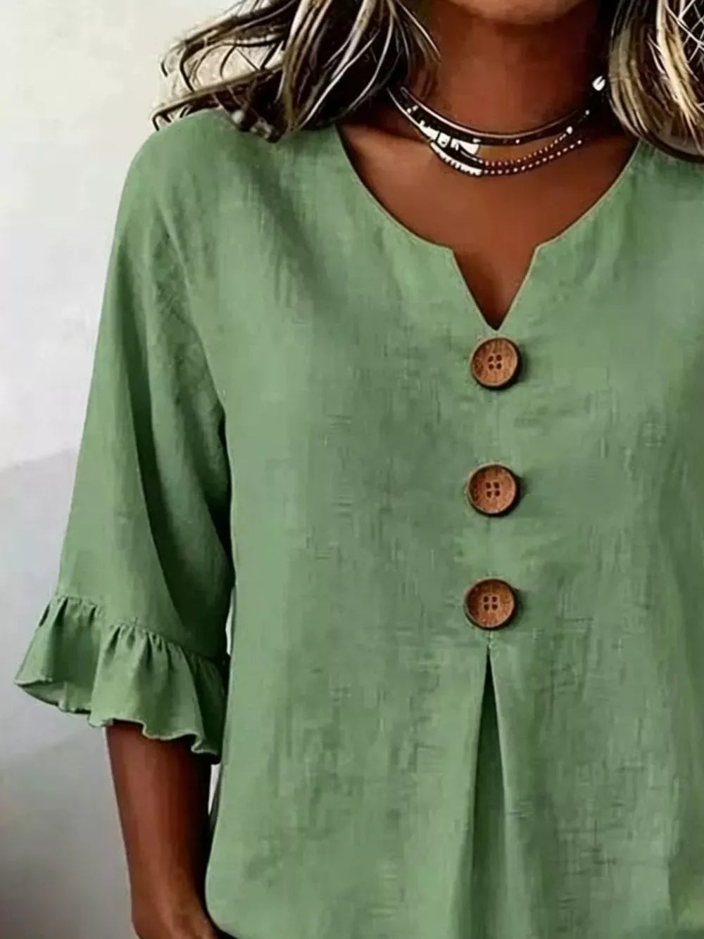 Casual Ruffle-sleeve Decor-button Top Plus Size in Burgundy, fit detail