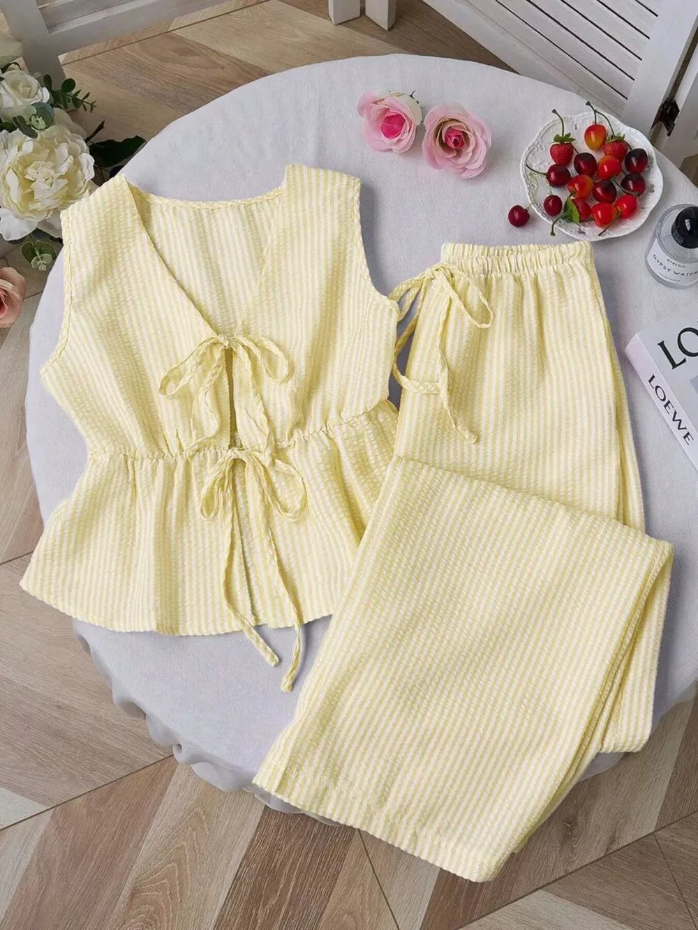 Striped Tie-front Sleeveless Top And Pants Set, front view