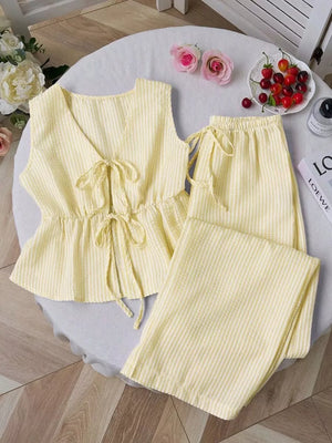 Striped Tie-front Sleeveless Top And Pants Set, front view