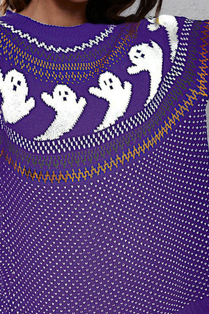 Purple crewneck sweater with white ghost jacquard pattern and patterned trim.