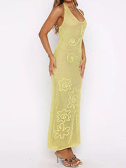 Halter Neck Crochet Maxi Dress in Yellow, fit detail