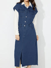 Sleeveless dark wash denim midi dress with button front, collar, and thigh slit