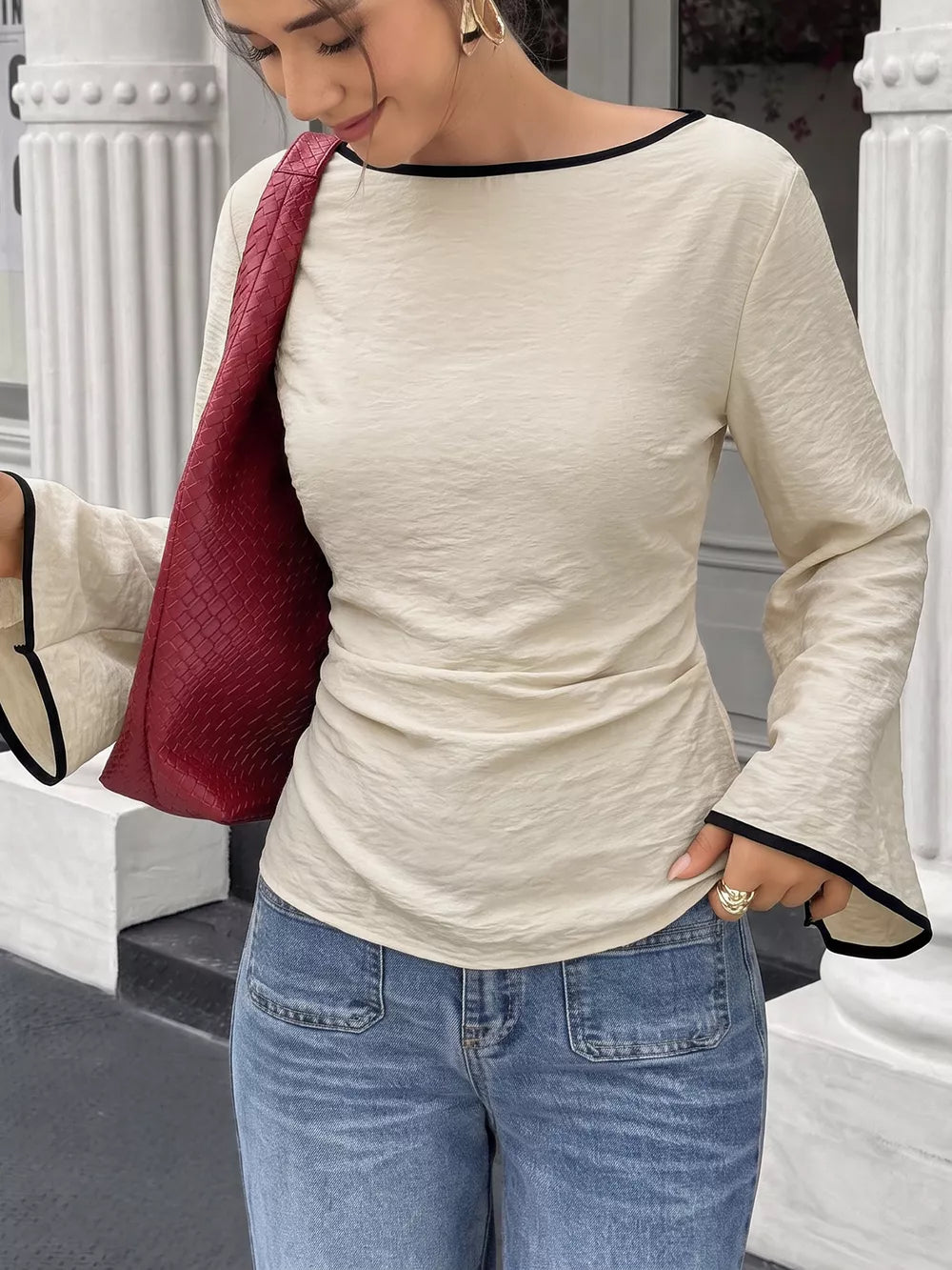 Contrast Trim Flare Sleeve Blouse in Beige, close-up detail